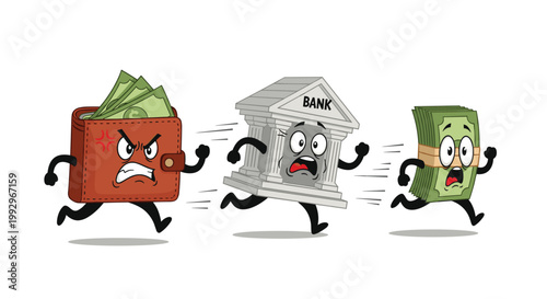 Angry cartoon wallet chasing a frightened bank building and a stack of cash in a humorous concept of financial pursuit.