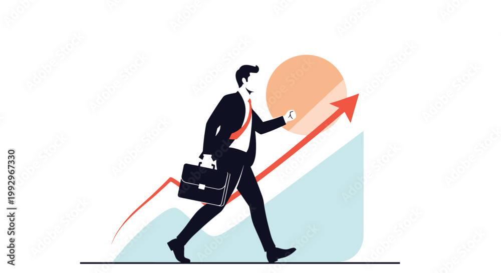 Obraz premium Confident businessman walking with a briefcase along a rising red arrow graph towards success and professional development.