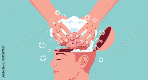 Hands washing a human brain inside an open head as a metaphor for psychological manipulation or cognitive cleansing.