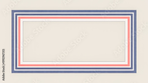 A rectangular frame features blue white and coral stripes on a light beige background creating a clean graphic design