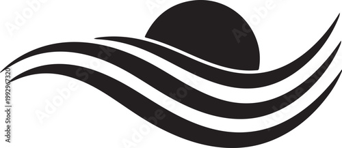 Black wave, sunset, abstract vector icon, minimalist design element