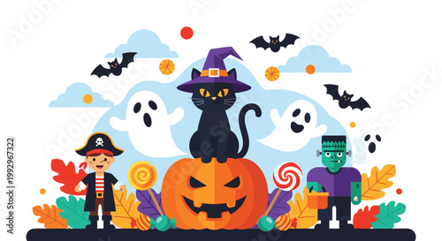 Colorful halloween illustration with a black cat on a pumpkin surrounded by ghosts Frankenstein pirate and autumn leaves.