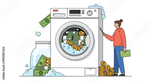 Money laundering concept showing stacks of cash and coins being washed inside a front loading laundry machine by a person.