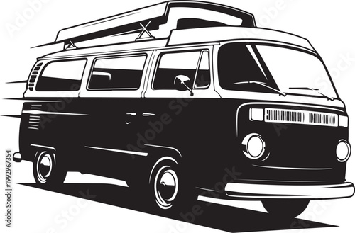 Vintage Van, Black and White Illustration, Retro Bus, Vector Graphic