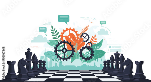 Business strategy and management concept illustrated with chess pieces on a board and complex gears in the background scene.