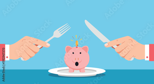 Hungry hands holding a fork and knife ready to eat a piggy bank on a plate representing spending savings for consumption.