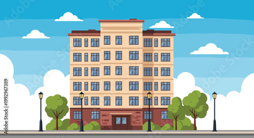 Multi story residential apartment building in a city neighborhood with trees and street lamps under a blue cloudy sky.