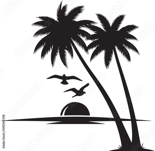 Tropical palm trees, sunset silhouette, vector beach scene, palm tree icons