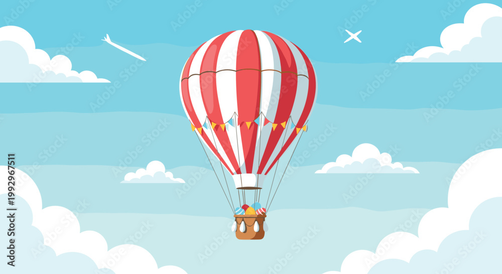 Obraz premium Colorful striped hot air balloon carries a basket filled with decorated Easter eggs through a clear blue sky with white clouds.