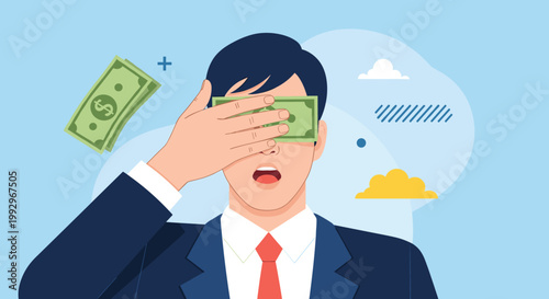 Businessman covers his eyes with a dollar bill symbolizing greed or being blinded by money and financial interests in business.