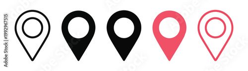 Location pin icons in black outline, solid black, and solid red colors for map and navigation use.