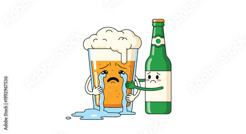 Sad cartoon glass of beer cries while being comforted by a sympathetic beer bottle with a friendly face and comforting hand.