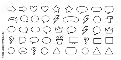 Set of various minimalist line art icons including arrows, hearts, stars, and speech bubbles.