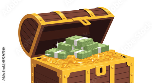 Open wooden treasure chest is filled with gold coins and stacks of dollar bills representing hidden wealth and significant savings.