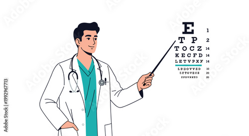 Male ophthalmologist in white coat and stethoscope pointing at visual acuity eye test chart for vision examination.