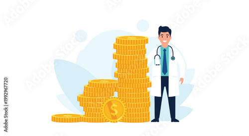 Happy male doctor standing next to growing stacks of gold coins representing medical costs or healthcare industry income.