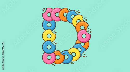 Doughnut letter D illustration a sweet and colourful alphabet design made from stacked, frosted donuts on a light blue background