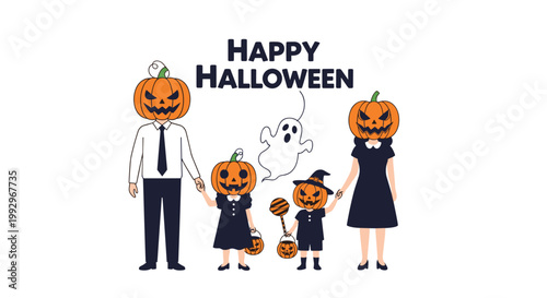 Family in halloween costumes with carved pumpkin jack o lanterns instead of heads and a ghost floating behind them.