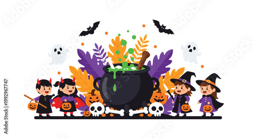 Group of cute kids in halloween costumes standing around a bubbling cauldron with ghosts pumpkins and bats behind them.