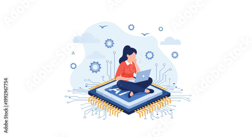 Woman sitting cross legged with laptop on a large artificial intelligence microchip surrounded by technological circuits.