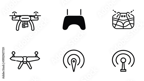 Drone Technology Icon Set: A collection of meticulously designed icons showcasing the world of drone technology, representing aerial devices and remote control systems.