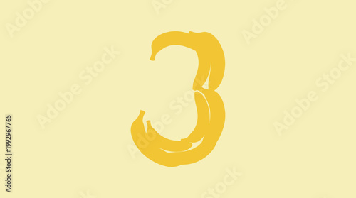 Number 3 formed by bananas on a plain yellow background, a simple and creative visual representation