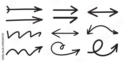 Set of black hand drawn doodle arrows in various shapes and directions isolated on white background.