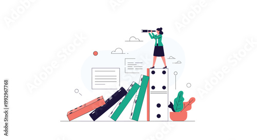 Businesswoman standing on tall domino tiles looking through a telescope while other tiles fall down behind her.