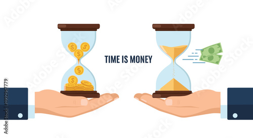 Hands holding two hourglasses one filled with gold coins and other with sand and flying cash depicting time is money.