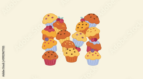 A delicious alphabet letter 'M' crafted from an assortment of sweet, berry-filled cupcakes and muffins