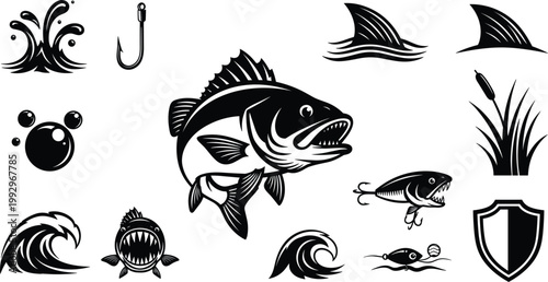 Bass Fish Fishing Silhouette Icon Set Hook Wave Predator Collection