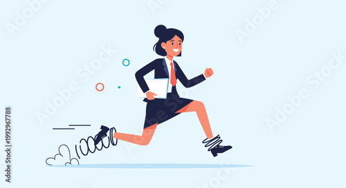 Energetic businesswoman in suit running very fast with springs attached to her shoes carrying documents in her arm.