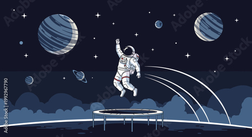 Fun space scene with an astronaut jumping on a trampoline floating in outer space with planets and stars around.