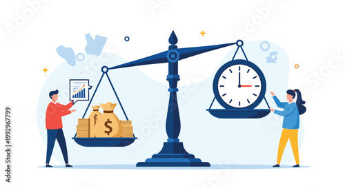 Man and woman balancing a large scale with stacks of money and bags on one side and a large clock on the other.