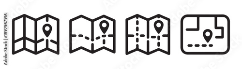 Set of folded paper map icons with location pin and dashed route lines. outline black vector symbols.