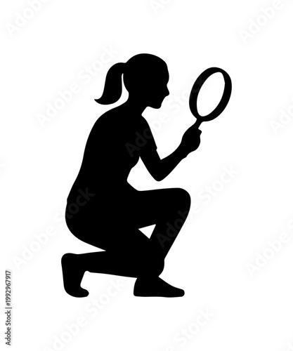 Woman silhouette looking through a magnifying glass, performing an inspection and discovery