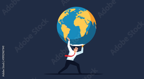 Determined businessman in suit and red tie carrying the weight of the whole world globe on his back like atlas.