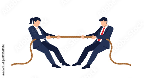 Businessman and businesswoman in formal suits playing tug of war with a thick rope representing corporate competition.
