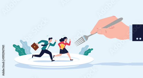 Tiny businessman and businesswoman running away from a giant hand holding a fork on a large white dinner plate.