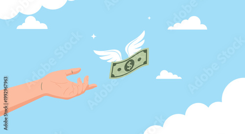 Hand reaching out for a paper dollar bill with wings flying away in the blue sky with fluffy clouds and stars.