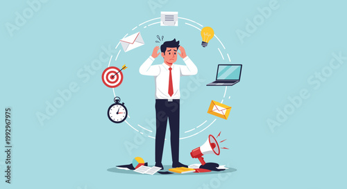 Stressed businessman overwhelmed by multiple tasks and work responsibilities depicted with icons in a circular motion.