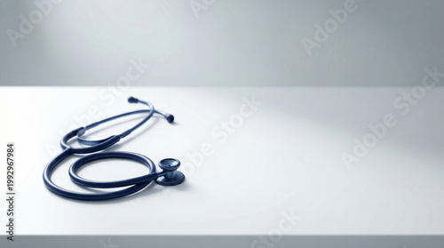 Medical Banner with Navy Blue Stethoscope on Clean White Surface and Copy Space for Healthcare Advertising and Clinical Services