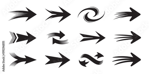 Collection of twelve stylized arrow icons with dynamic lines and abstract shapes indicating direction and movement.
