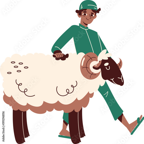 Smiling young man in green tunic and cap holding a fluffy white ram with large brown curved horns.