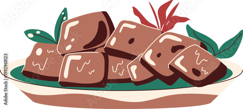 Stylized brown food cubes with white highlights and abstract details served on a plate with leaves.