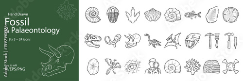 Hand Drawn Fossil and Palaeontology Icon Set – Sketch Style Dinosaur, Ammonite, Trilobite, Excavation Tools and Prehistoric Creature Collection