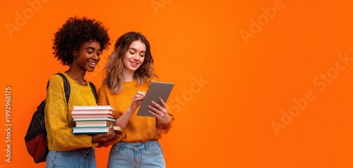 The students studying together with a tablet and stack of books on orange background