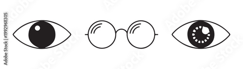 Trio of eye and glasses icons representing vision correction and digital iris scanning technology in black line.