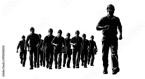 Celebrating International Workers’ Day, a grayscale illustration features a determined foreman leading a group of laborers walking together against a stark white background