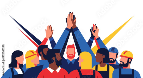 On International Workers’ Day, a diverse group of laborers in various attire raises their hands in solidarity against a stark white background, depicted in a stylized vector illustration